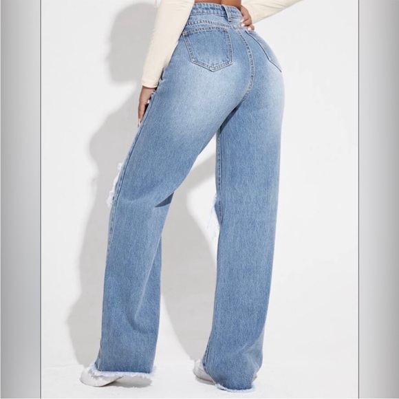 Blue Ripped Cutout High Waisted Wide Leg Jeans - Picture 3 of 4